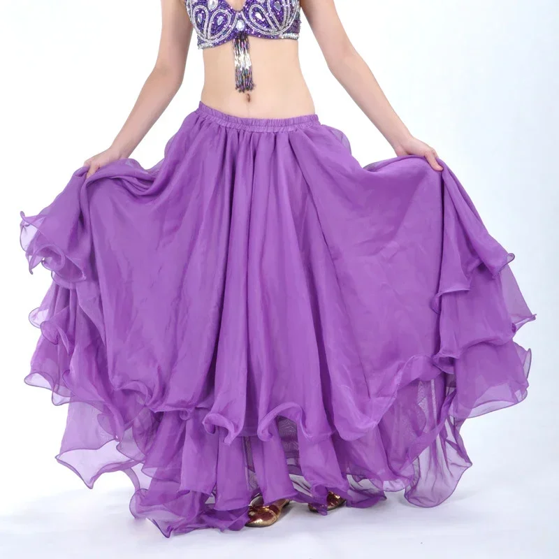 

14 colors 3 Layers Chiffon Roll-up Trim Belly Dance Skirt, Belly Dance Top Quality Dancing Skirts, Long Gypsy Skirts