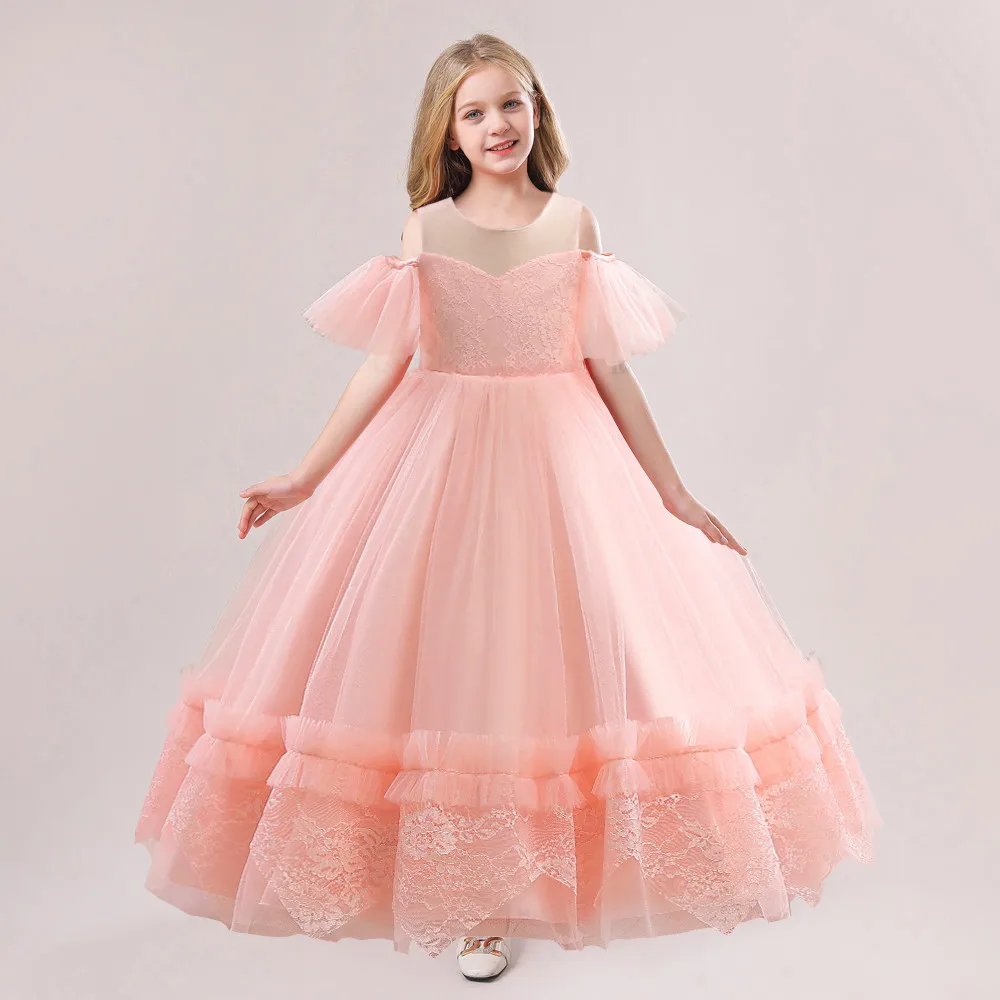 

Pink Elegant Girls Prom Gown Wedding Bridesmaid Princess Dresses For Kids Children Birthday Ball Gown Mesh Fancy Puffy Clothes