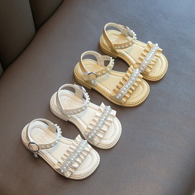 

Toddler Baby Summer Sandals Pearl Beading High Quality Girls Beach Shoes Boutique Dress Flats Size22-31Princess Casual Sandalias
