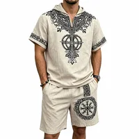 Nouvel ensemble décontracté d'été pour homme en fibre de polyester respirante, 2 pièces, avec chemise à manches courtes à capuche imprimé Viking et short de plage. 1