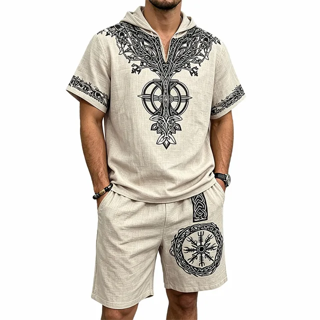 Nouvel ensemble décontracté d'été pour homme en fibre de polyester respirante, 2 pièces, avec chemise à manches courtes à capuche imprimé Viking et short de plage. 1