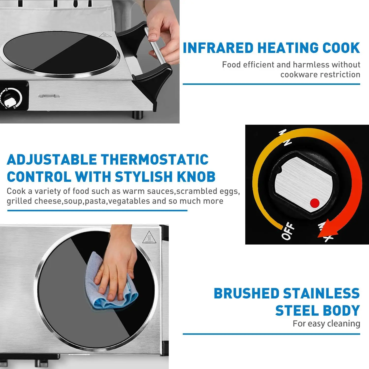 Turkewood electric stove, dual infrared ceramic heating plate cooking, two controlled range burners 4