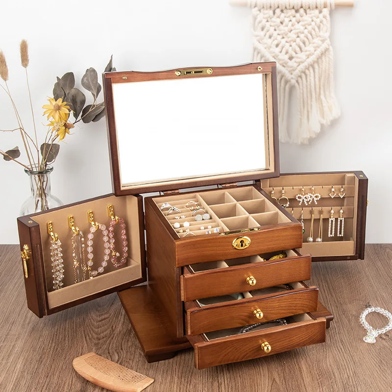 Large Jewelry Box Wood Ring Bracelet Earrings Jewelry Boxes Organizer Drawer Necklace Tray Display Accessories Storage Organizer
