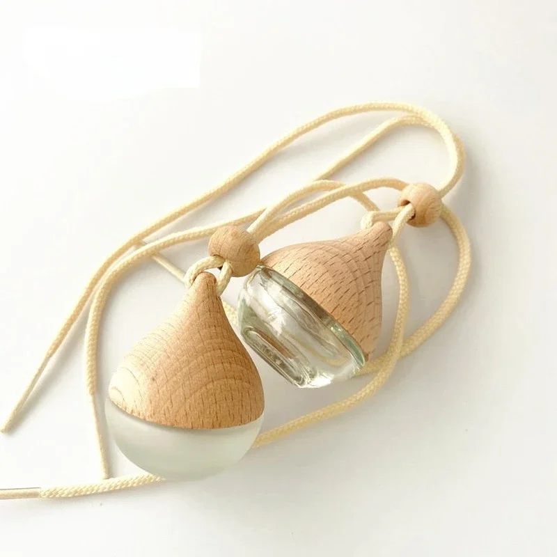 5ml Empty Pendant Auto Perfume Frosted Mini Perfume Bottles with Wood Lid Frosted Glass Bottle Essential Oil Container Portable 3
