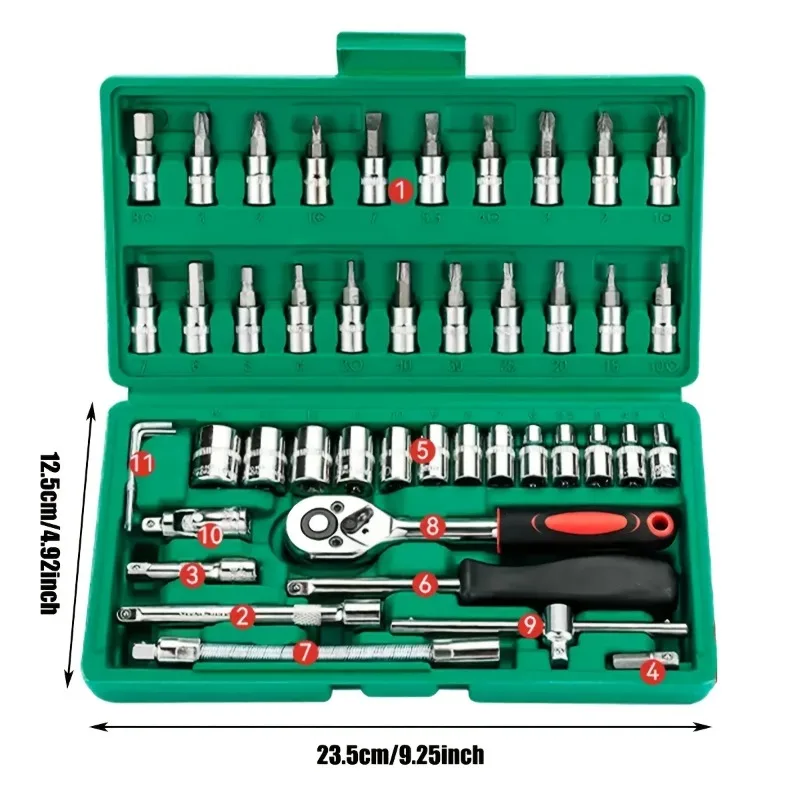 Drive Socket Set 46pc 1/4 inch Ratchet Wrench Set Sockets Metric Hex Bit Socket Mechanic Tool Kits Hous Auto Repair
