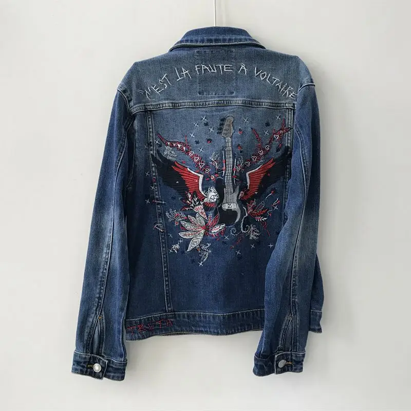 

Women's jacket 2022 spring and autumn new style back piano wings embroidery pattern short blue long-sleeved casual denim jacket