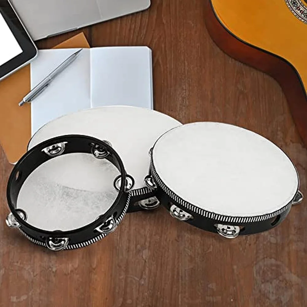 1Pc Wooden Tambourine 4/6/8/10-Inch Black Rim with Metal Jingles Percussion Instrument for Concert Church Party
