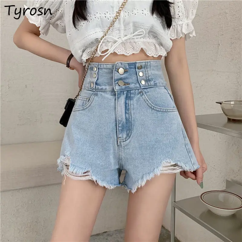 

Shorts Women Ripped Denim High Waist Buttons Fur-lines Irregular Hot Vintage Ulzzang Youth All-match S-5XL Loose Sweet Clothing
