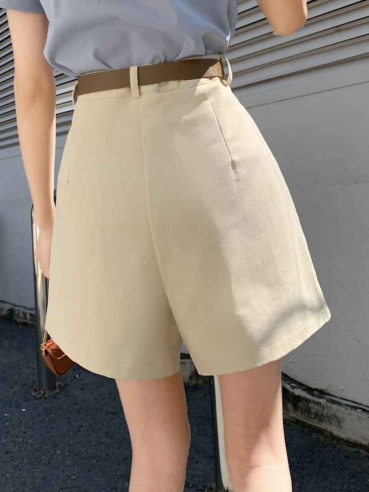 QOERLIN with Belt High Waist Shorts Women Wide Leg Summer Shorts Girls Beach Shorts Pocket Solid White Black Outfits Korean