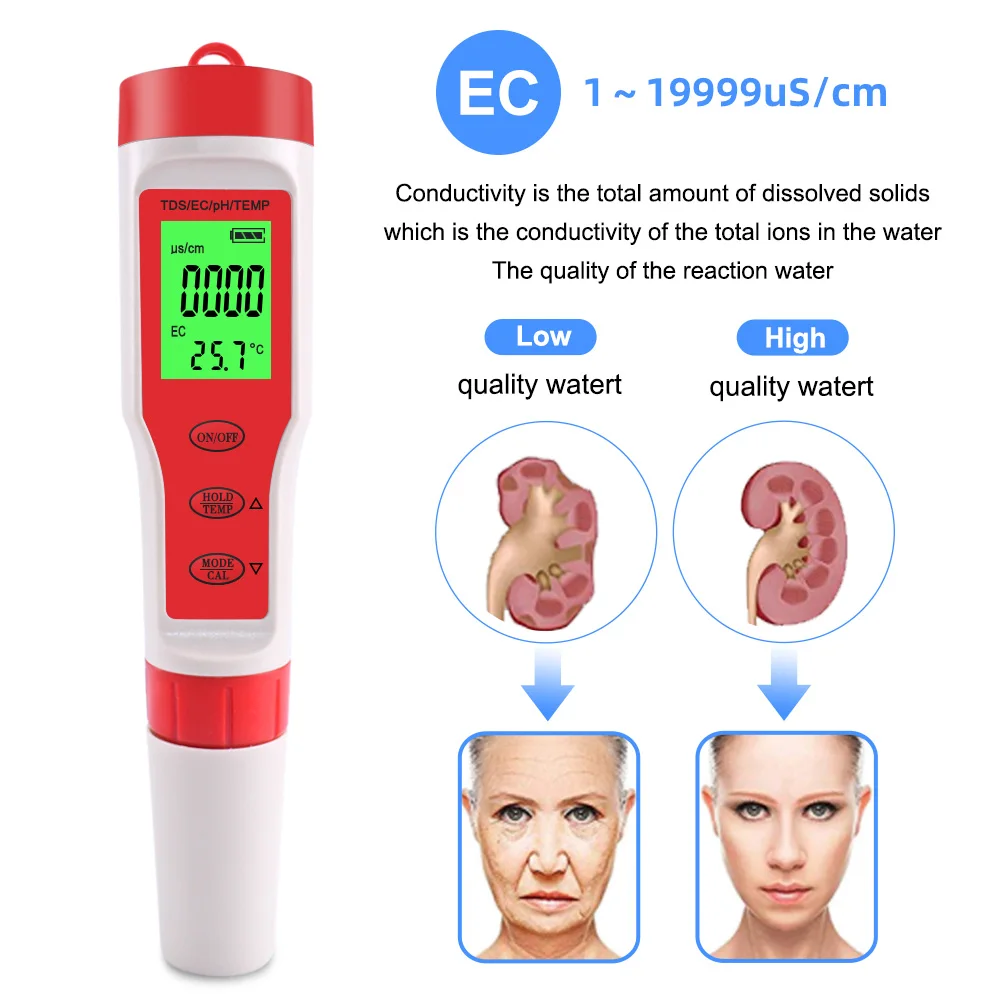 4 IN 1 PH TDS EC Temp Meter Digital Water Quality Tester 0.01 High Precision Aqu