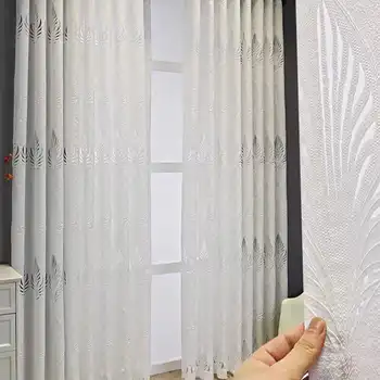 화이트 그레이 자수 유럽 스타일 두꺼운 고급 커튼, 침실용 투명 얇은 명주 그물, 거실용 그로밋 탑