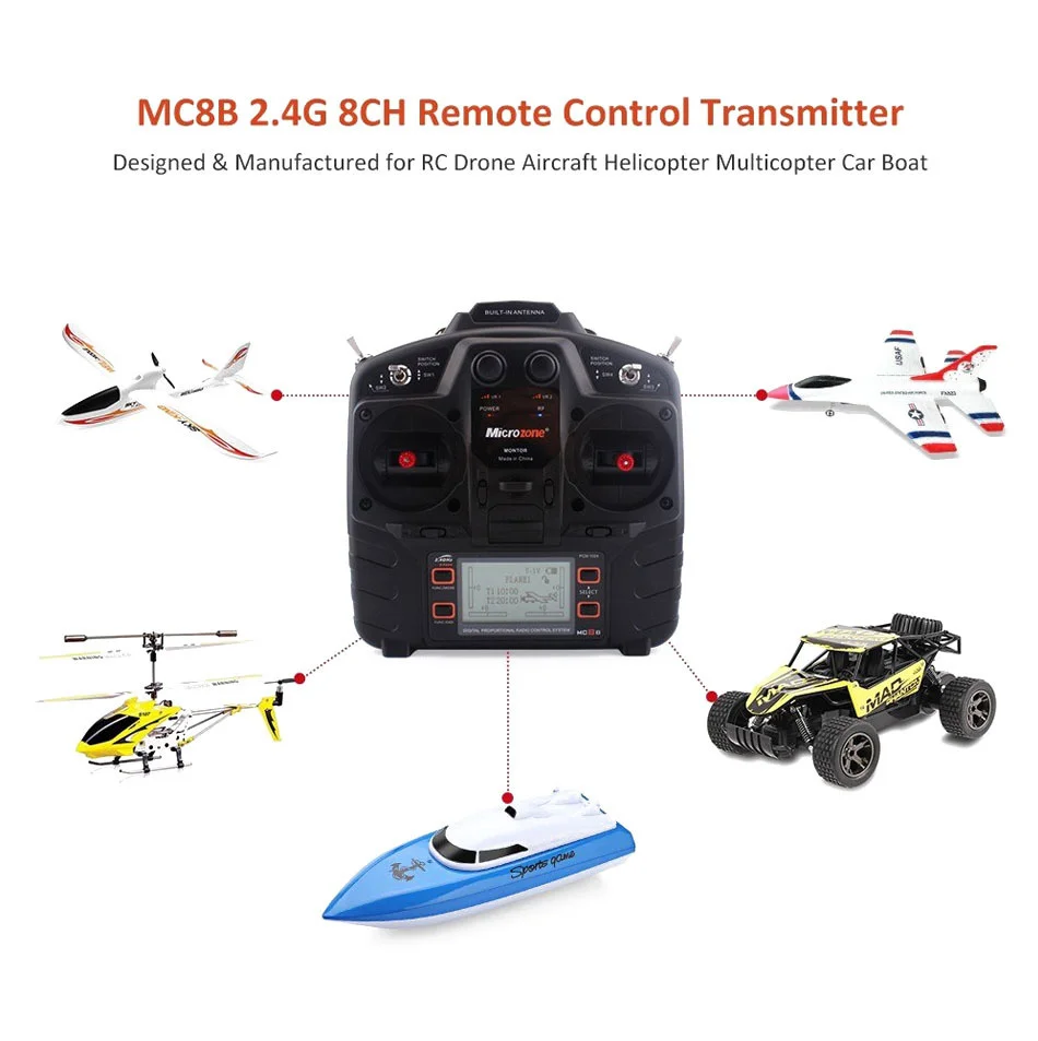 Microzone MC8B 2.4G 8CH Remote Control Transmitter & MC8RE/ MC9002 Receiver Radio System For RC Aircraft Fixed-wing Helicopter 15 MC8B 2.46 8CH Remote Control Transmitter Designed & Manu