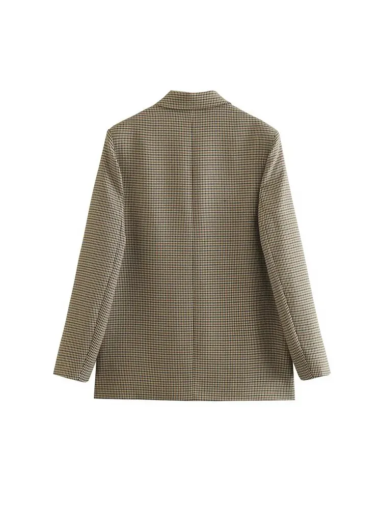 TRAF Women Fashion Double Breasted Plaid Blazer Coat Vintage Long Sleeve Flap Pockets Female Outerwear Chic Vestes Femme 2