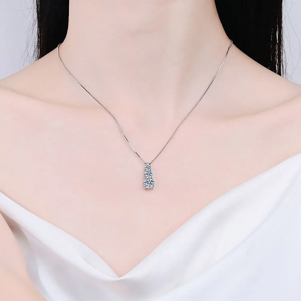 Serenity Day 1.8cttw D Color 3 Stones Full Moissanite Pendant Necklace For Women S925 Sterling Silver Plate Pt950 Fine Jewelry