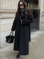 Fashion With Belt Black Woolen Long Coat For Women Oversize Loose Double Button Lapel Overcoat Autumn Lady High Street Outerwear 1
