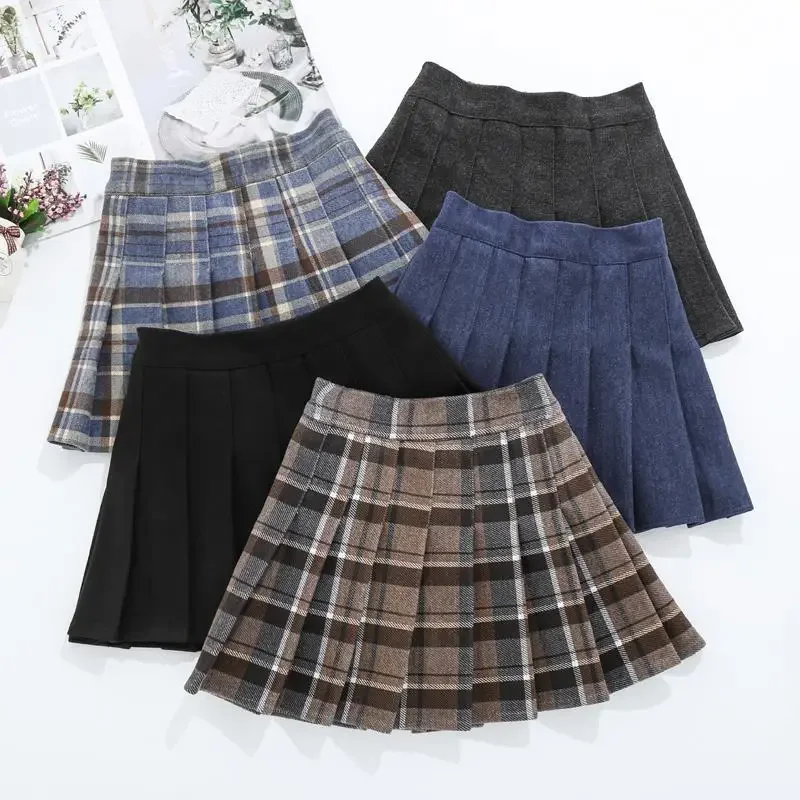 

Girls Woolen Plaid Skirt Autumn And Winter New Children's College Style Casual Pleated Skirts