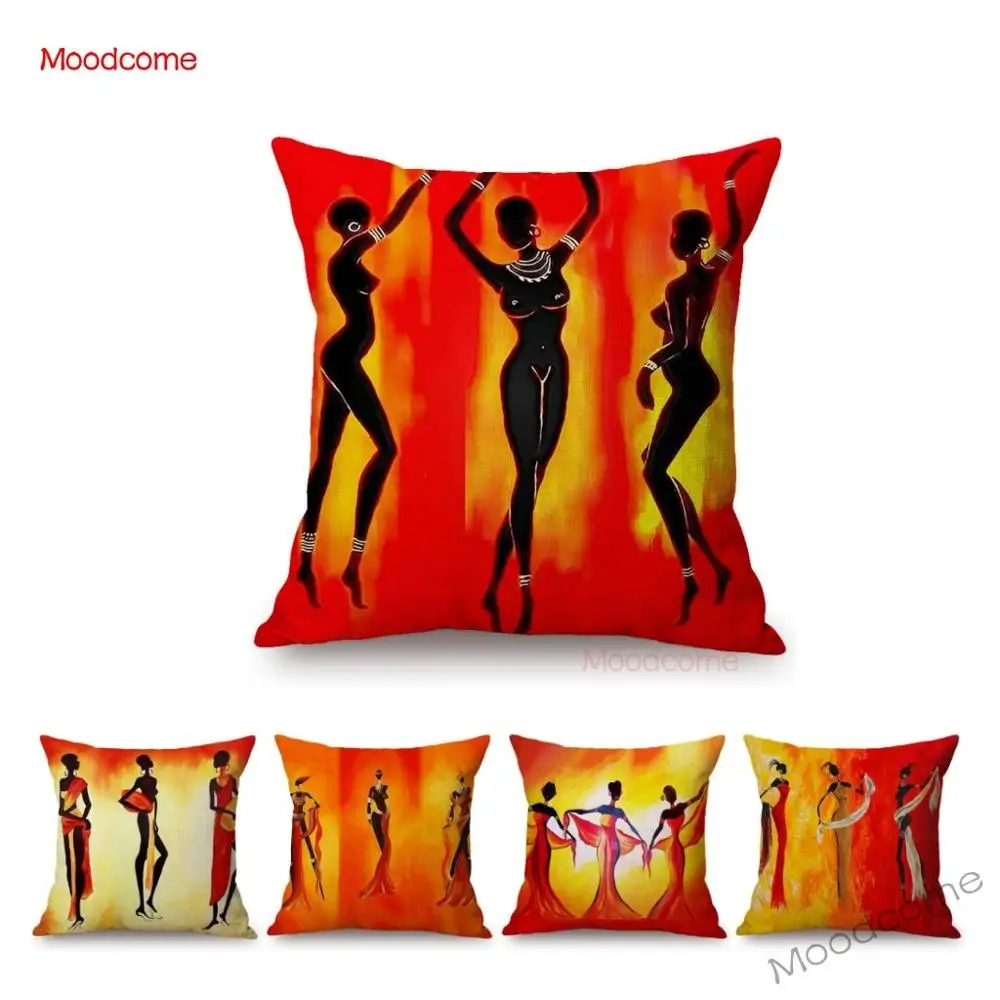 

Sexy Africa Black Women Dancing Art Decoration Sofa Throw Pillow Case Orange African Girls Ladies Oil Painting Car Cushion Cover