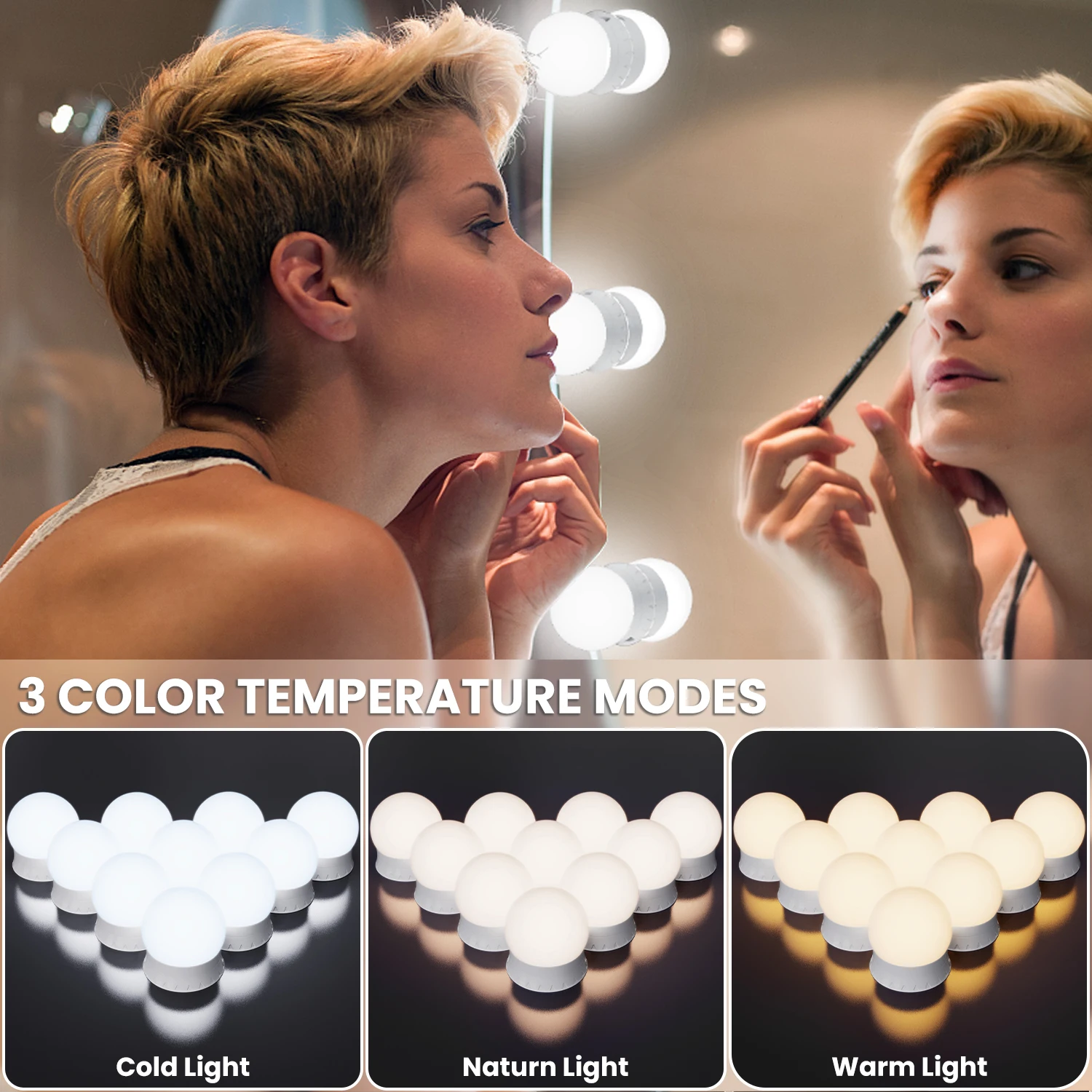LED Vanity Lights Strip Kit 10 Dimmable Bulbs, 3 Color Modes & 10 Adjustable Brightness, USB Line for Body Makeup Bathroom Wall