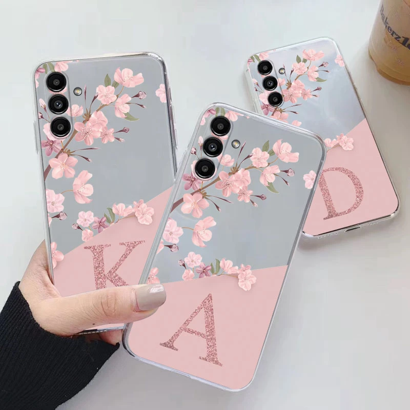 Per Samsung Galaxy A04S Custodia Soft Slim Luxury A-Z Lettere Cover Fundas Clear Bumper Per Samsung A 04S Fiore Rosa Trasparente
