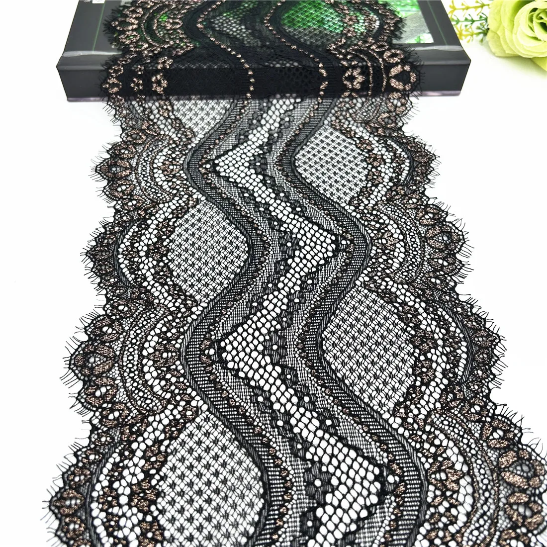 3y/lot Width 19.50cm Black With Rosegold Elastic Lace Trim Skirt Hem 1