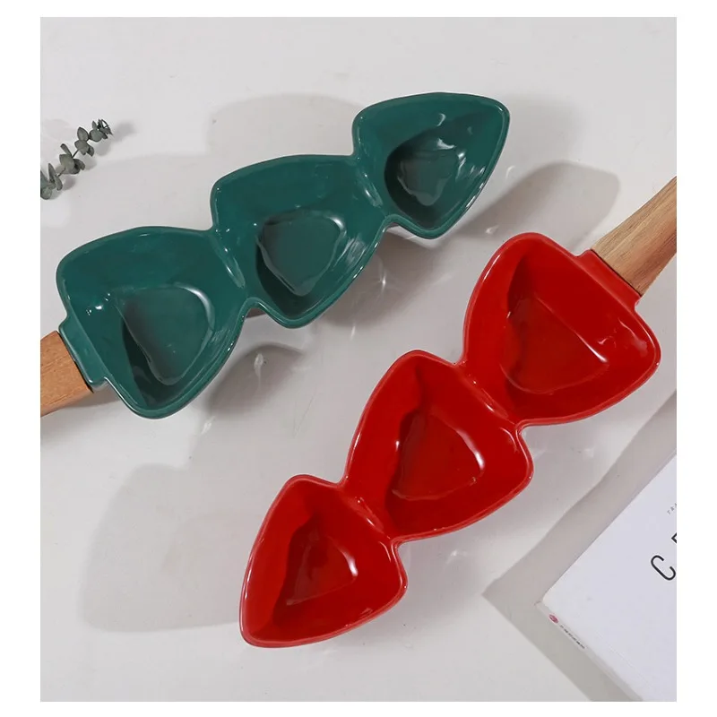 Ins New Creative Ceramic Divided Plate with Wooden Handle Ceramic Dried Fruit Plate Christmas Plate Home Premium Feeling
