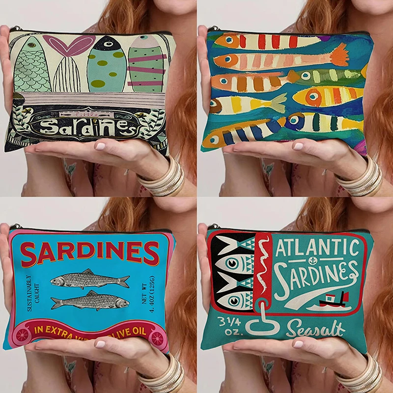 Vintage Canvas Cosmetic Bag Simple Large Capacity Makeup Bag Female Travel Clutch Toiletry Bag Retro Sardines Olive Oil Design