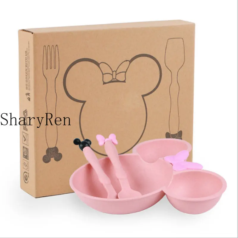 

3Pcs/set Cartoon Baby Bowl Tableware Set Wheat Straw Children's Dishes Kids Dinner Feeding Plate Bowknot Food Plate Spoon Fork