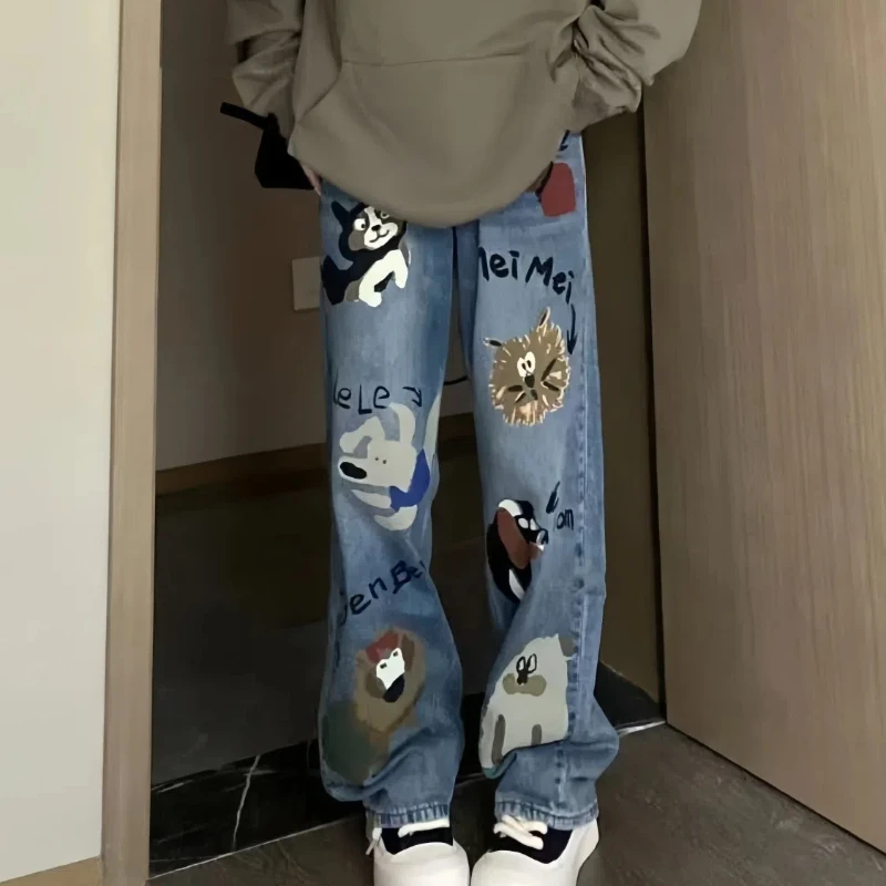 American Style Summer Jeans Women's High Waist Pockets Letter Printing Zipper Washing High Street Casual Wide Leg Straight Pants