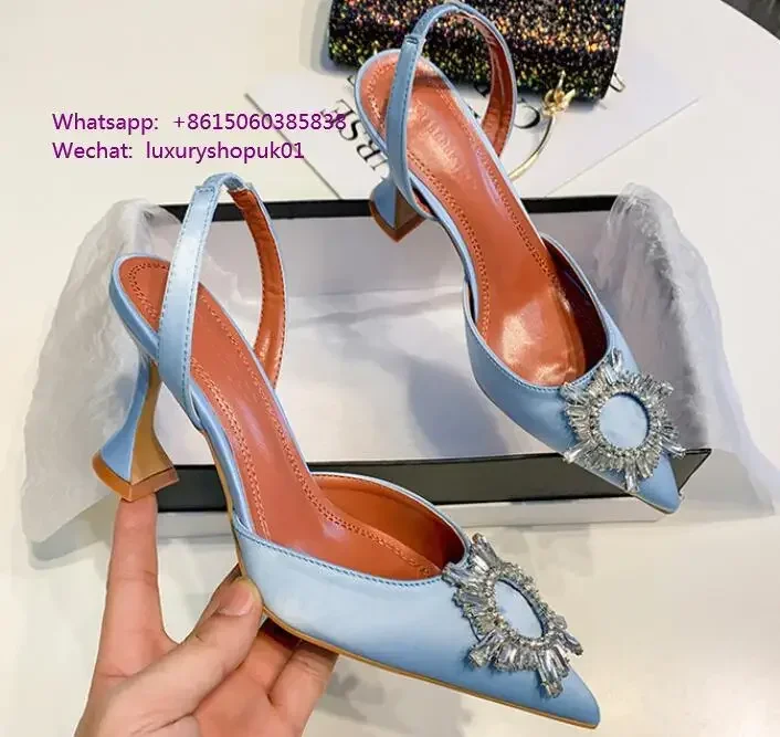 

plus Size 41 42 Women Rhinestone Crystal High Heels Pumps Silk Satin Pointy Toe Blue Shoes Slip On Women Wedding Pumps Sandal