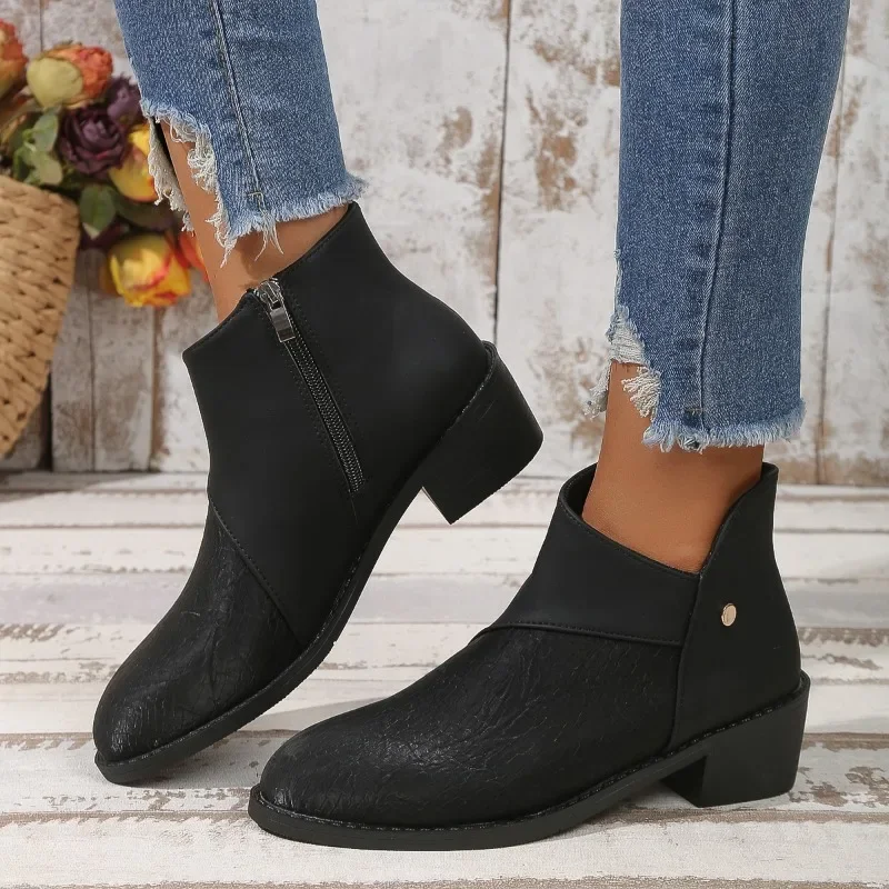 

Женские ботинки на молнии сбоку, однотонные ботильоны с острым носком и квадратным каблуком, 2023