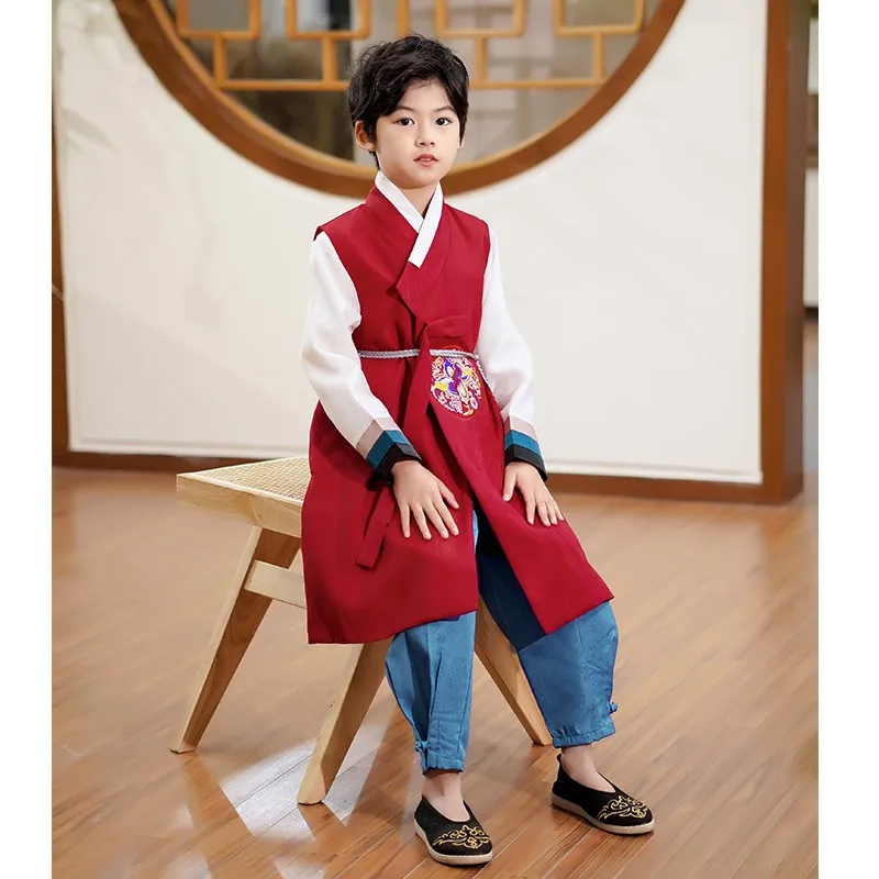 New Boys Hanbok Korean Clothing Minority Style Robe Vest Three-Piece Ancient Costume Traditional Performing Costumes