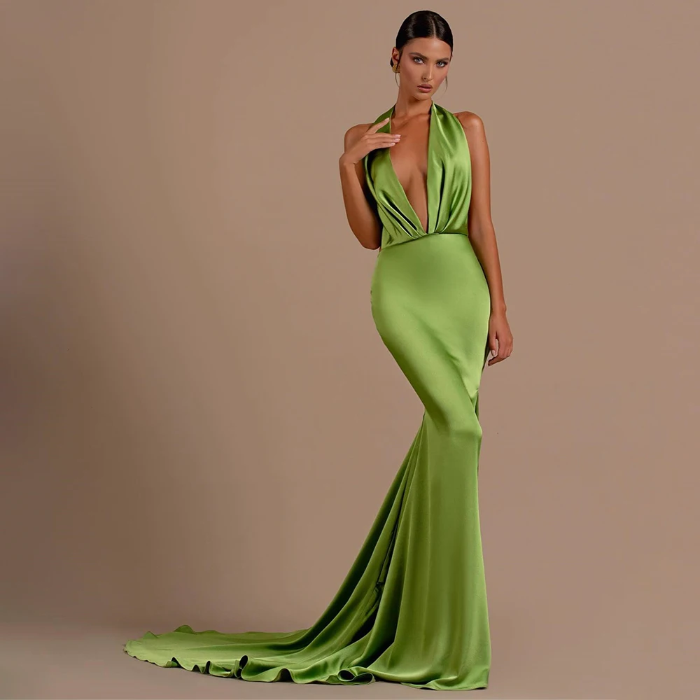 

Sleeveless Evening Dresses Sexy Halter Backless Mermaid Dress Solid Color Satin Elegant Prom Gown فساتين للحفلات الراقصة