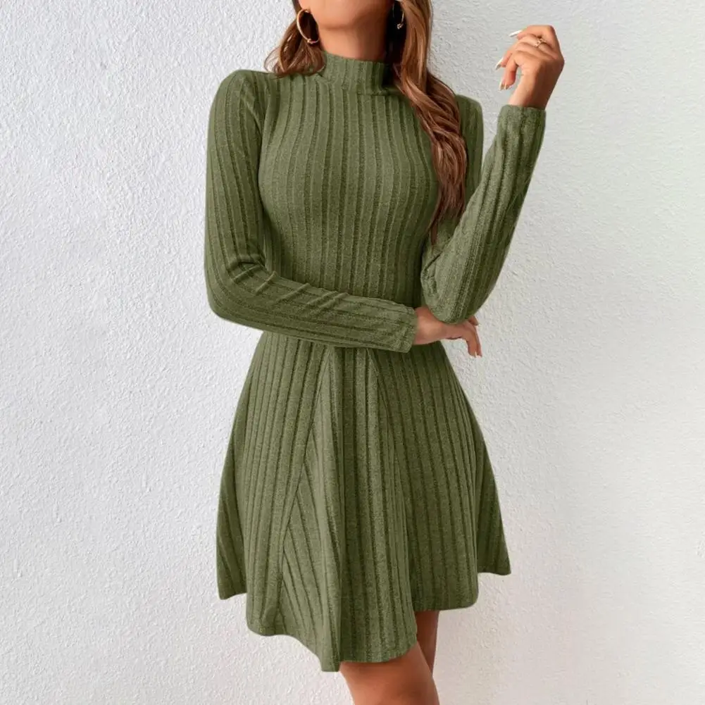 

Women Slim-fitting Dress Waist Dress Elegant Ribbed Knit Mini Dress Half High Collar Long Sleeve Sweater Dress Slim for Women