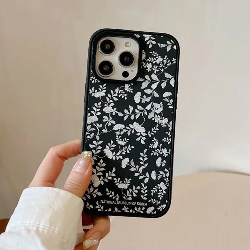 

Korean Museum Flower MagSafe Black Frosted Phone Case Cover for IPhone 13 14 15 Pro Max Case