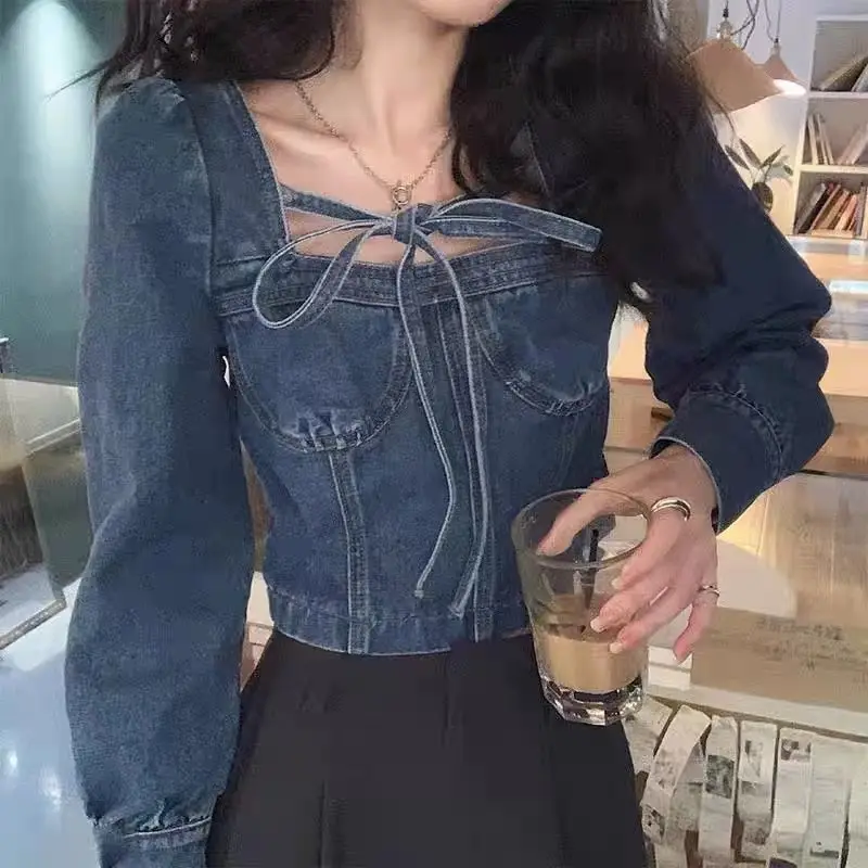 

Autumn new style square neck halter bow tie blouse short long-sleeved denim shirt