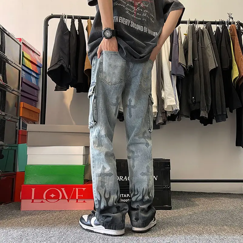 New high street hip-hop flame cross jeans European and American design mopping pants casual men and women trousers jeans