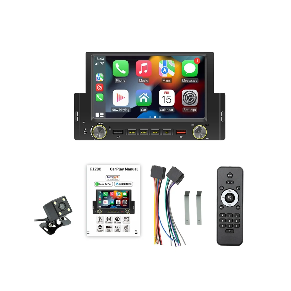 Stéréo de voiture simple DIN avec Apple Carplay Android Auto, écran tactile  HD 7 manuel rétractable Bluetooth avec radio FM, liaison miroir, entrée