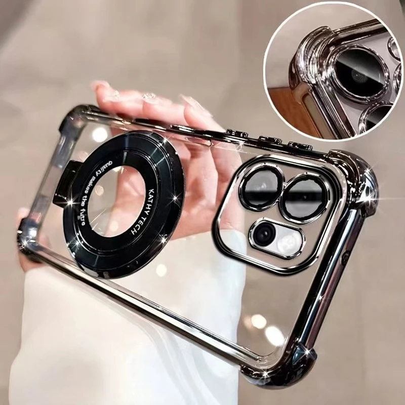 Electroplated Bracket Shockproof Phone Case - Stand & Transparent Silicone TPU Cover