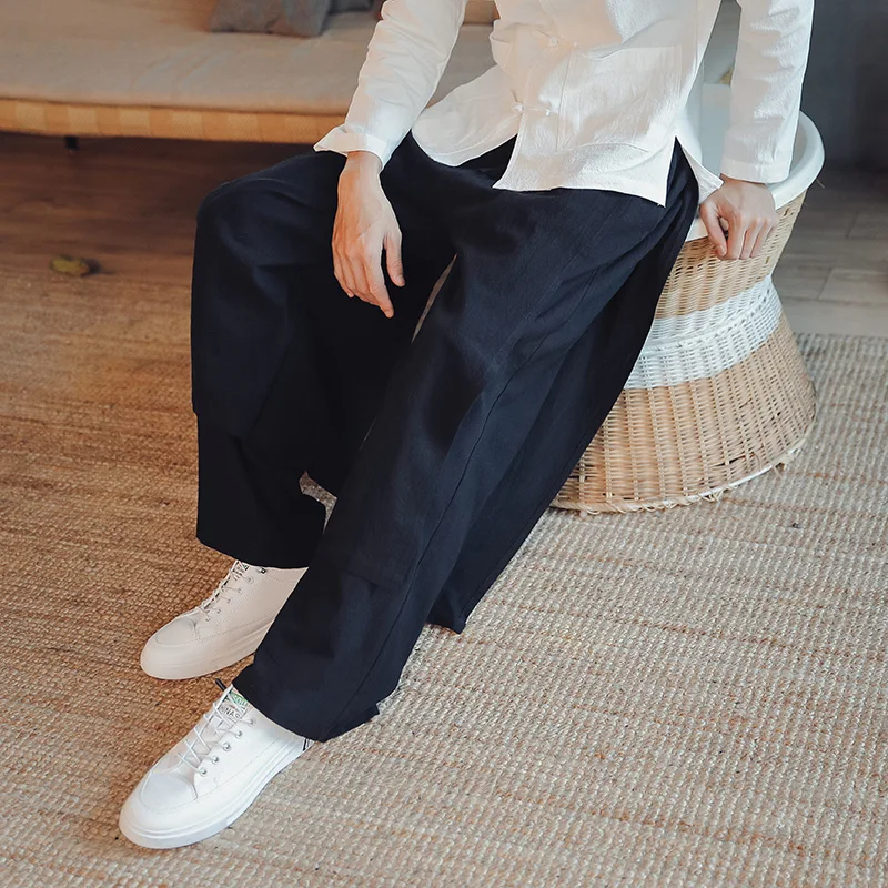 2023 Cozy Black Cotton Linen Hakama Kung Fu Pants Men