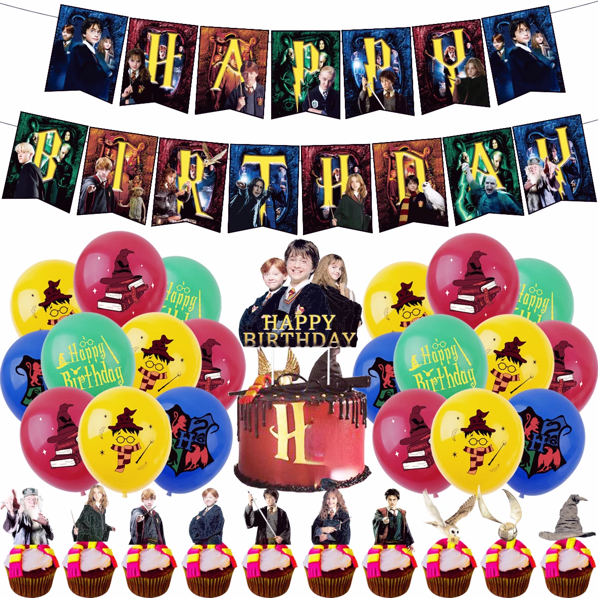 Un Set Hogwarts Hermiones Rons Happy Birthday Party Decoration Banner Balloons Cake Insert Topper Magic School Kids Party Supply