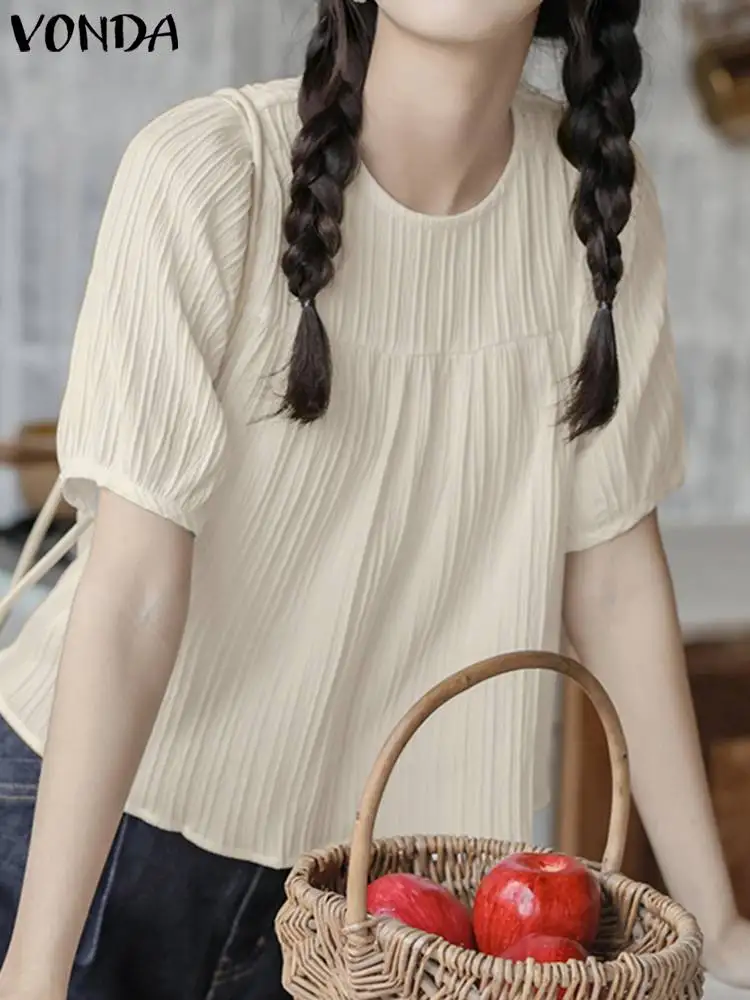

2023 Summer Shirts VONDA Short Puff Sleeve Tops Women Elegant Blouse Fashion O-Neck Solid Color Casual Loose Blusas Femininas