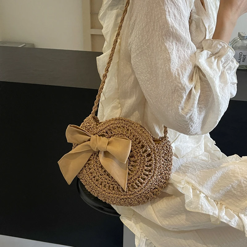 Summer Small Straw Shoulder Crossbody Bags Handmade Beach Handbags Bowknot Woven Tote Round Crossbody Purse Clutch