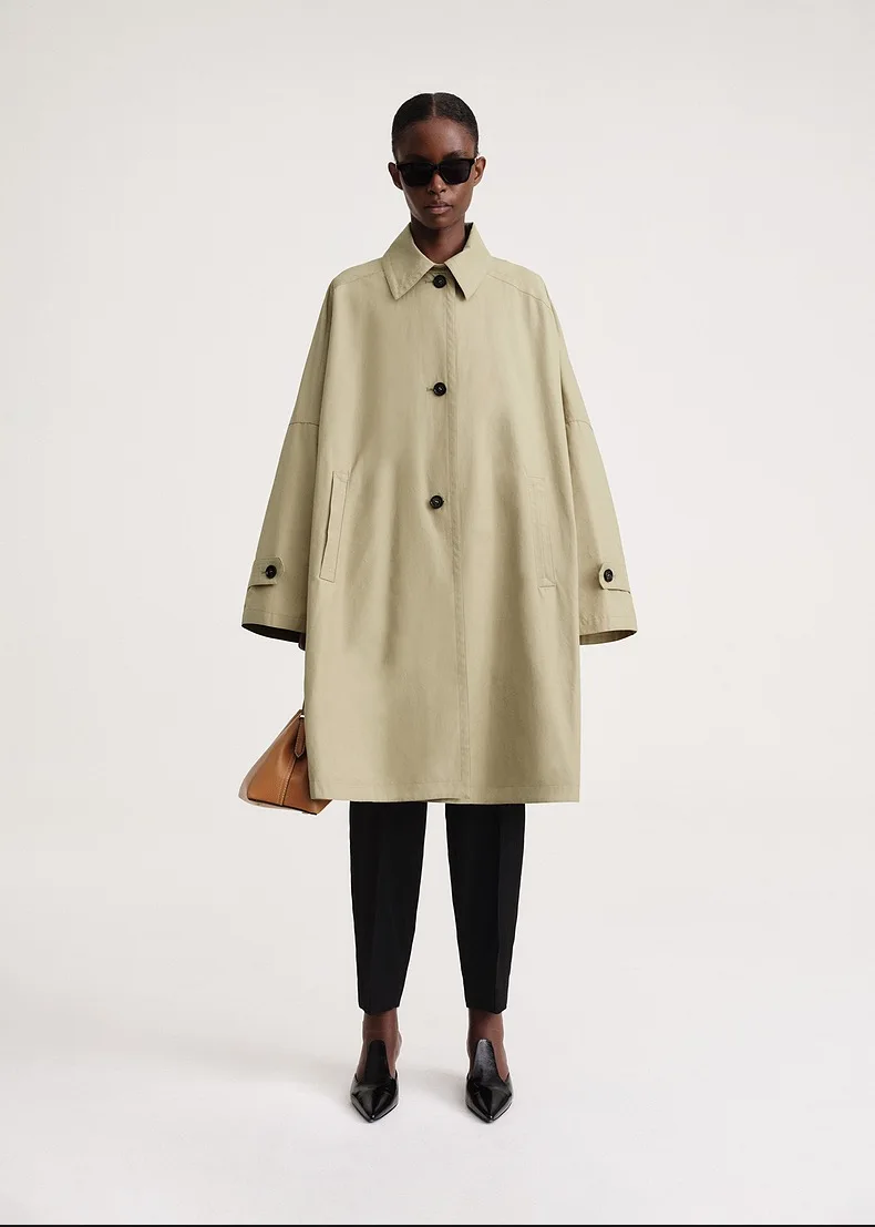 

T0teme Women Spring/Summer Long Coat Trench Cotton Polyester Long Version Turndown Collar Classic Vintage Oversize Wind Coat
