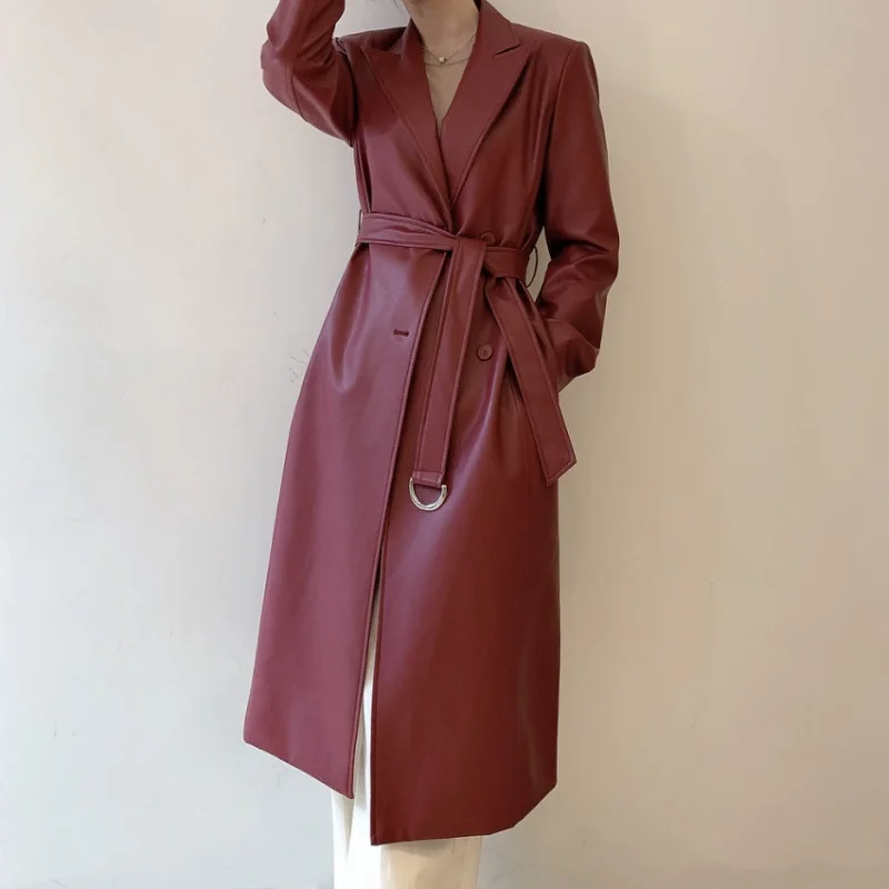 PU Leather Women's Trench Coat Vintage Notched Collar Double-breasted Belted Overcoat Causal Long Leather Jacket chaqueta cuero