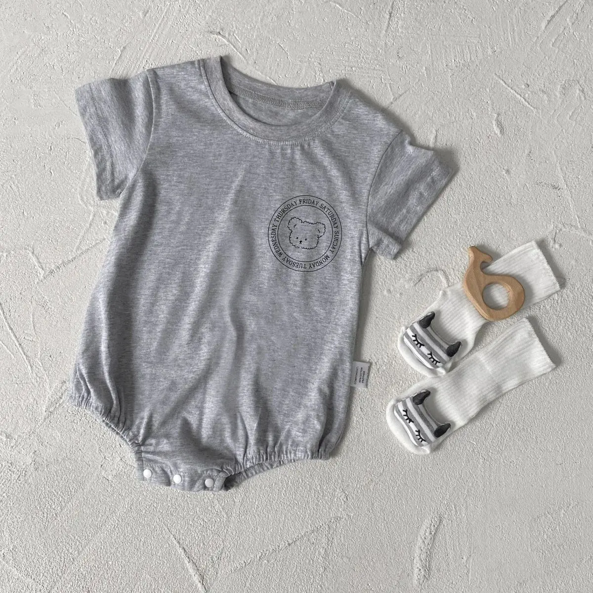 Newborn Baby Summer Romper Line Drawing Bear & Letter Print Short Sleeve Bodysuit for 0-2 Years Unisex Infant Outfit Jumpsuit
