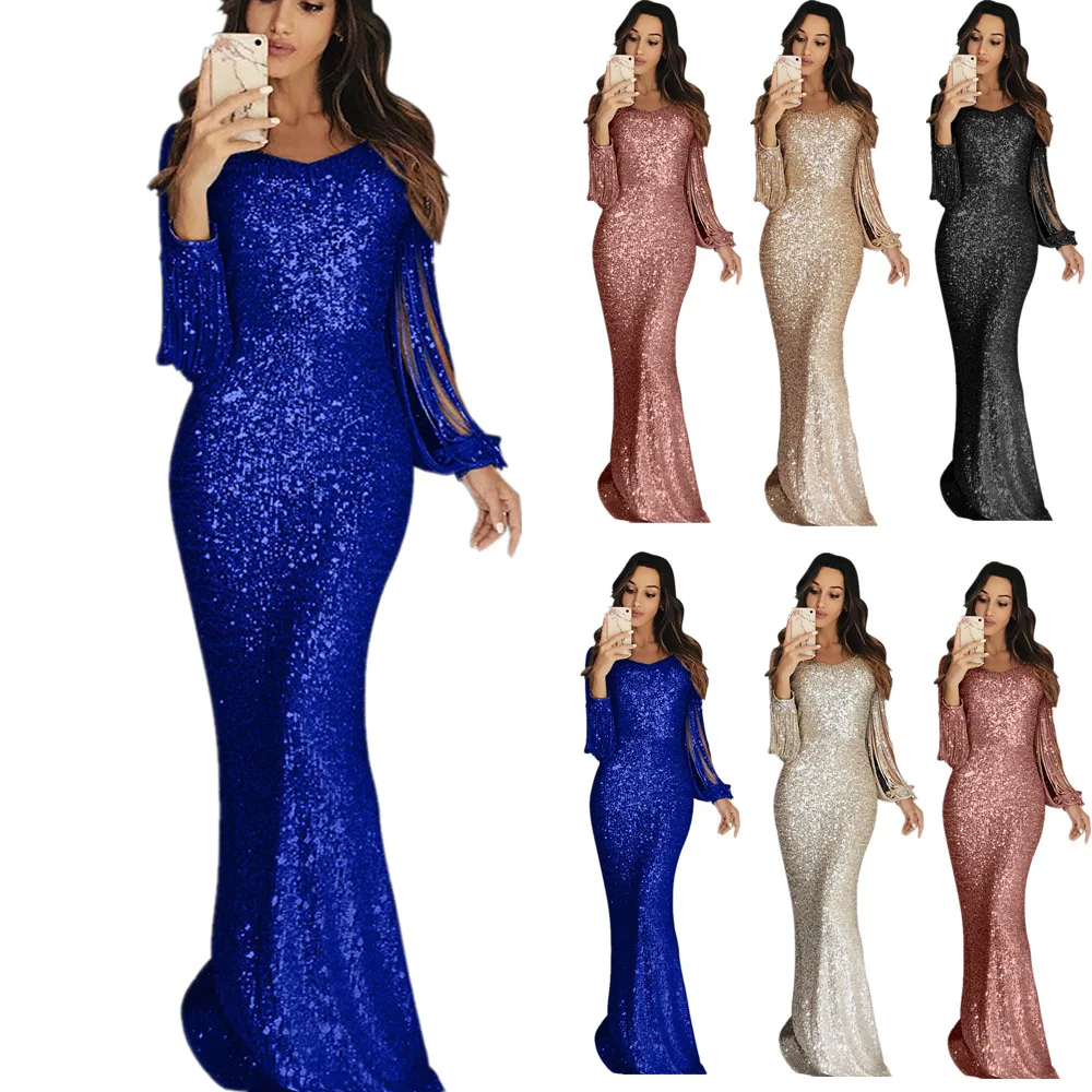 

Elegant Ladies Vestidos Plus Size Chic Women Tassel Lantern Sleeve Sequined Tassel Long Sleeve V Neck Bodycon Party Maxi Dress
