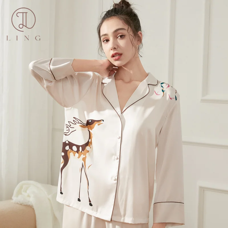 

Ling 2 Pcs Long Sleeve Trousers Pajamas Sets Silk Women's Pajamas Sleepwear Spring Summer Style Pajamas Sets Cartoon Style