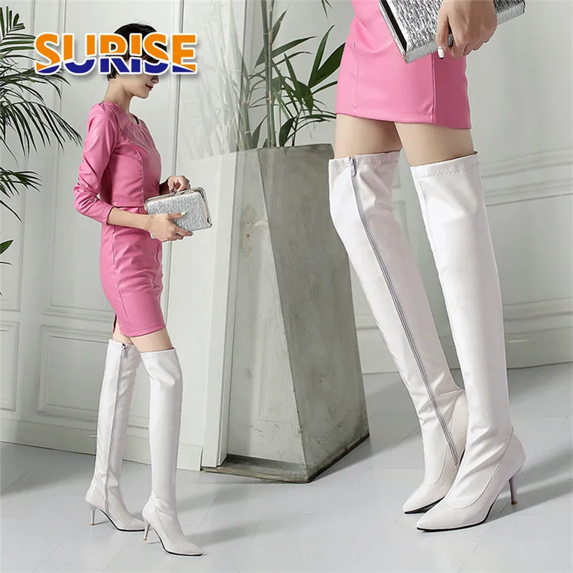 

Winter Women Over Knee Boots Thin Spike Heels White Red Patent Leather Pointed Toe Lady Sexy Party Dancing Long Thigh High Boots