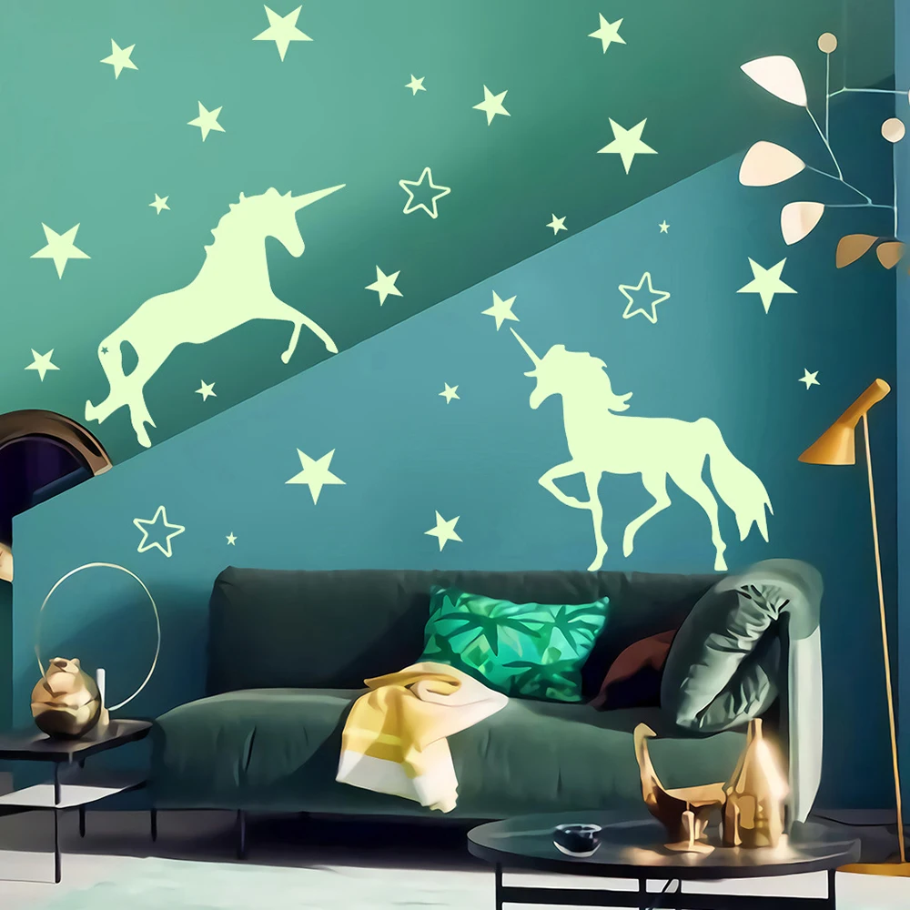 Luminous Unicorn 3D Wall Stickers Set Green Stars DIY Art Decals Glow in The Dark Sticker for Kid Room Bedroom Home Decoration