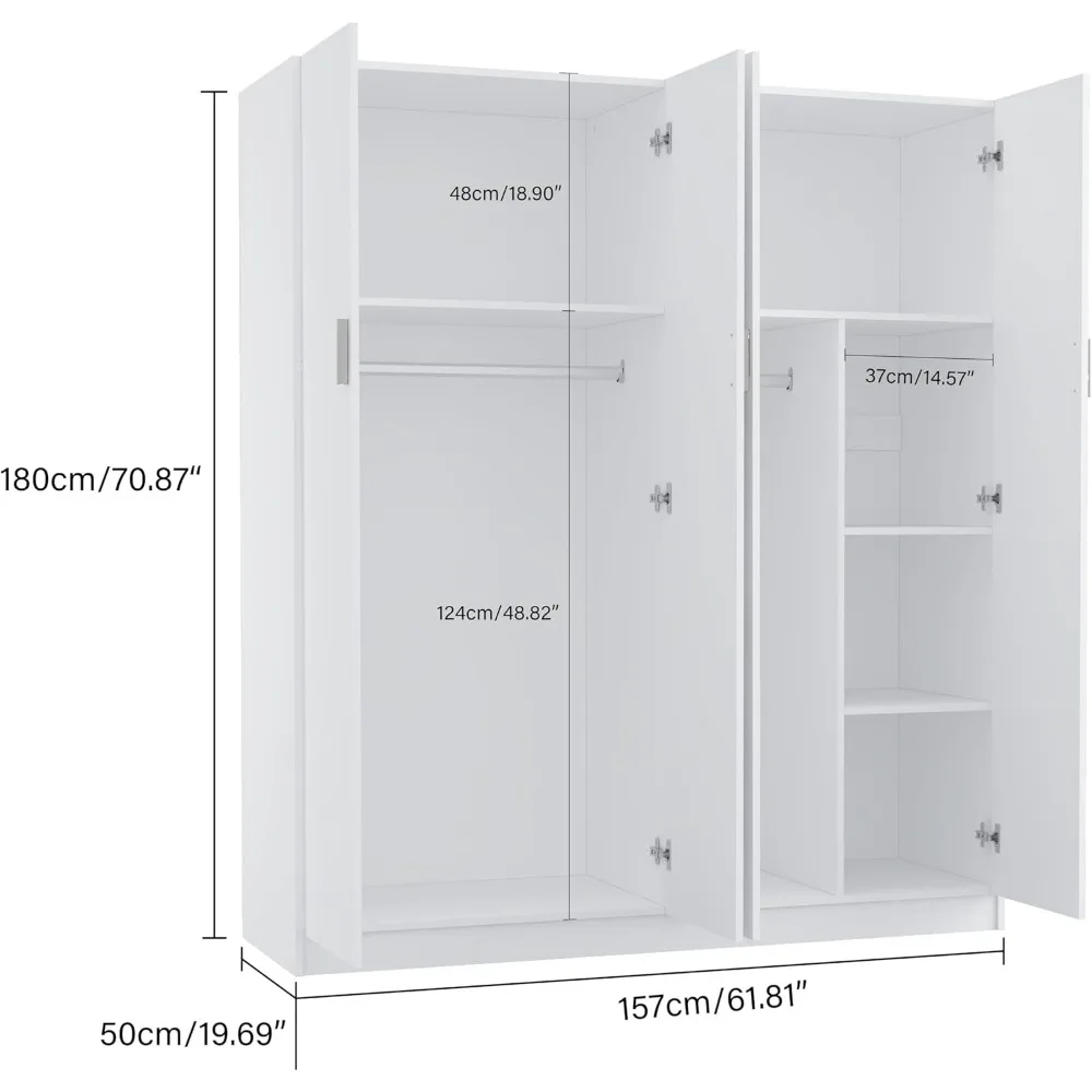 Large Wardrobe Closet with Storage Shelves, 4 Door Armoires Wardrobe with 5 Shelves and 2 Hanging Rails Children's Wardrobes 3